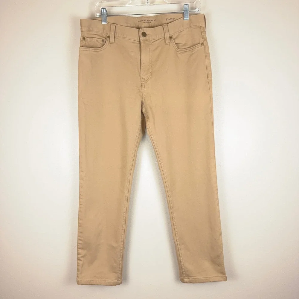 Banana Republic Traveler Slim Fit Pants Mens 33x32 Tan Khaki Chino Stretch